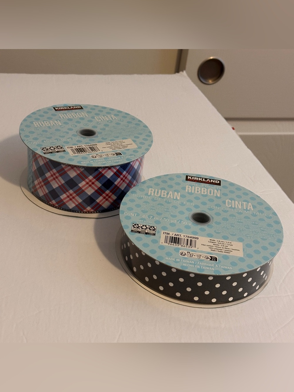 Kirkland Signature Wired-Edged Ribbon Blue Red Plaid Black White Dot 50 Yard New